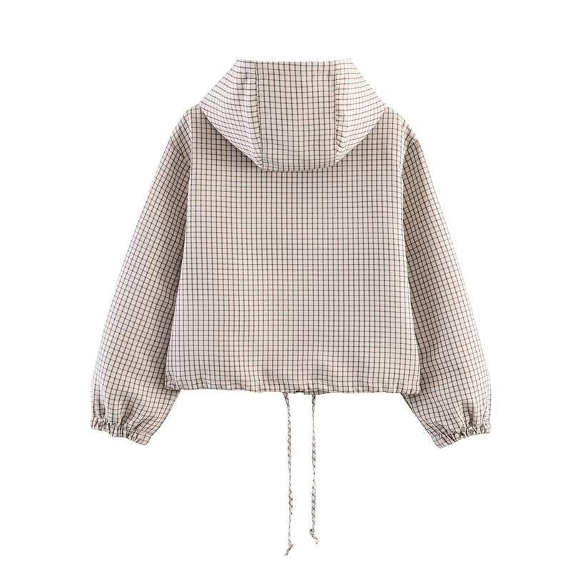 Women's Cropped Puffer Jacket with Hood, Drawstring and Check Pattern Fashion Glam