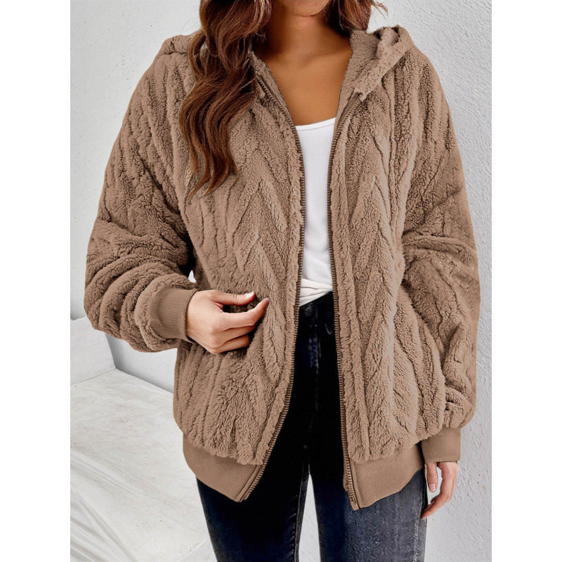 Women's Hooded Teddy Jacket with Zipper, Soft Plush and Elastic Cuff Fashion Glam