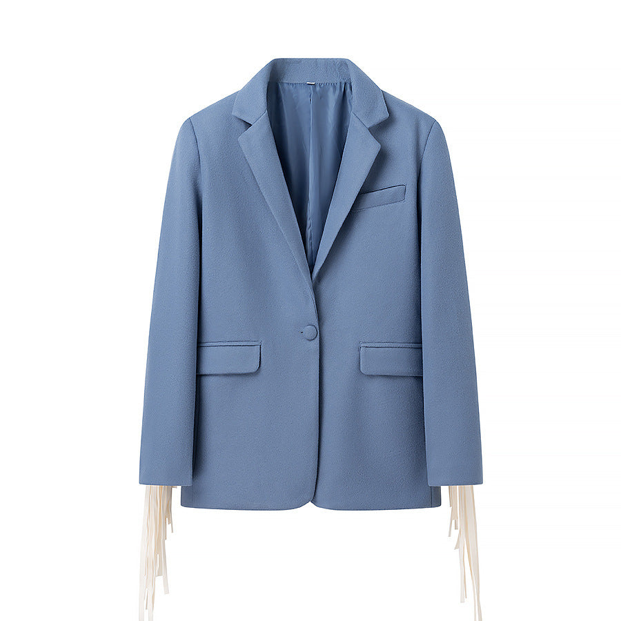 Women's Oversize Suede Look Blazer with Extra Long Fringe Trim and Contrast Stitch Fashion Glam