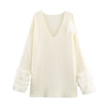 Ladies fine knit mini dress with deep V-neckline and layered faux fur sleeves Fashion Glam