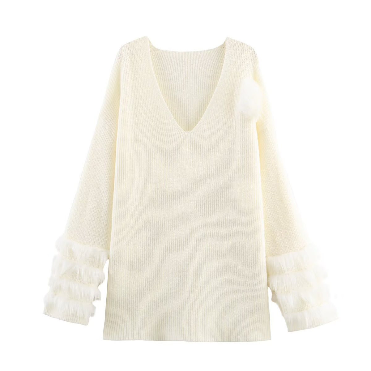 Ladies fine knit mini dress with deep V-neckline and layered faux fur sleeves Fashion Glam