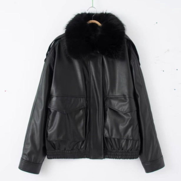 Ladies Oversized Faux Leather Bomber Jacket with Cozy Faux Fur Collar and Applied Flap Pockets Fashion Glam