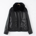 Ladies Oversized Faux Leather Bomber Jacket with Cozy Faux Fur Collar and Applied Flap Pockets Fashion Glam