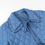 Women Short Quilted Jacket with Ruffled Collar, Ties and Patch Pockets Fashion Glam