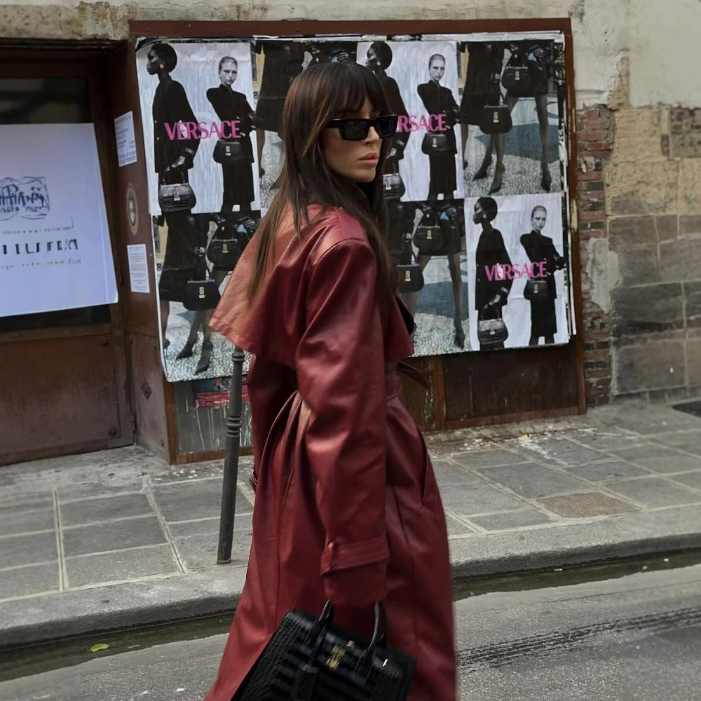 Women's Maxi Length Faux Leather Trench Coat with Wide Lapels, Back Detail, and Tie Belt Fashion Glam
