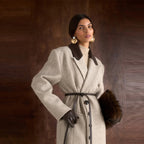 Women's Tailored Wool Blend Coat with Herringbone Structure, Contrasting Leather Collar and Tie Belt Fashion Glam