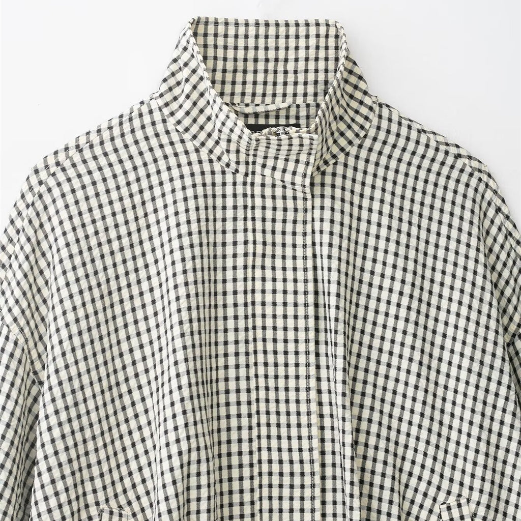 Women Checked Cropped Boxy Blouson with Stand Collar and Side Pockets Fashion Glam