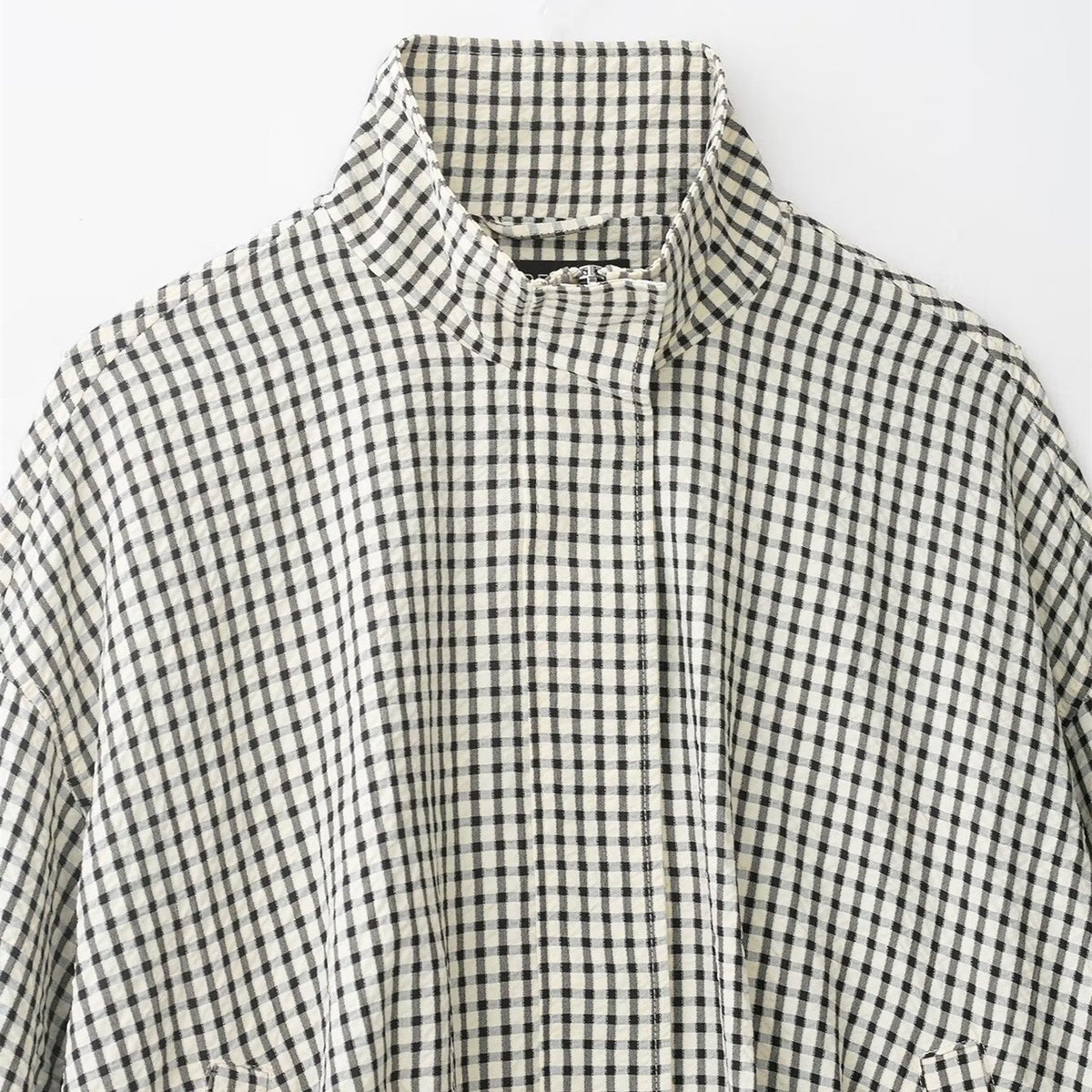 Women Checked Cropped Boxy Blouson with Stand Collar and Side Pockets Fashion Glam