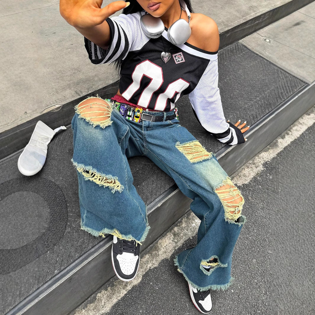 Women wide Destroyed-Baggy-Jeans with large frayed rips and relaxed fit Fashion Glam