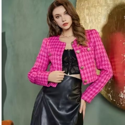 Women's Short Cut Boucle-Tweed Blazer with Boxy Silhouette and Tailored Back Seam Fashion Glam