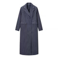 Women's maxi coat in pinstripe look with double-breasted button placket and lapel collar Fashion Glam