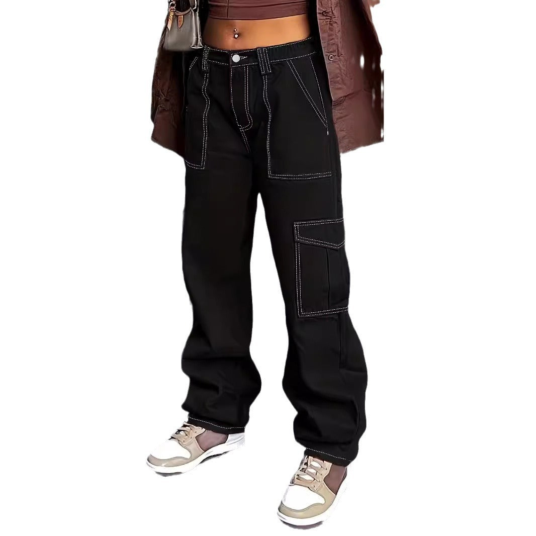 Women's utility cargo pants with wide leg, high waist and contrasting decorative seams Fashion Glam