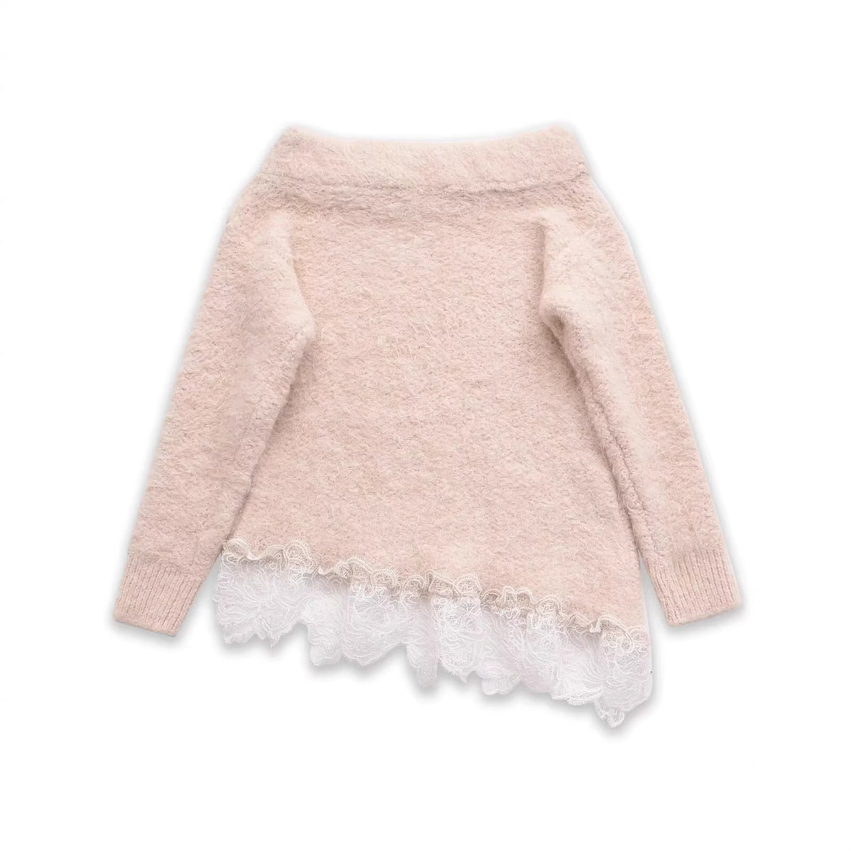 Women's Fuzzy Knit Sweater with Off-the-Shoulder Neckline and Lace Trim Fashion Glam