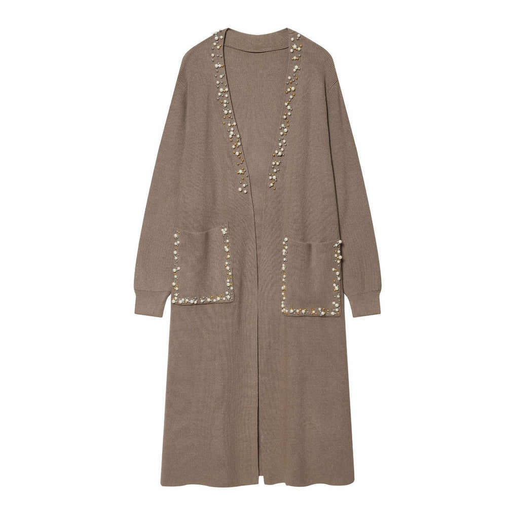 Women's long knitted cardigan with pearl trim and patch pockets Fashion Glam