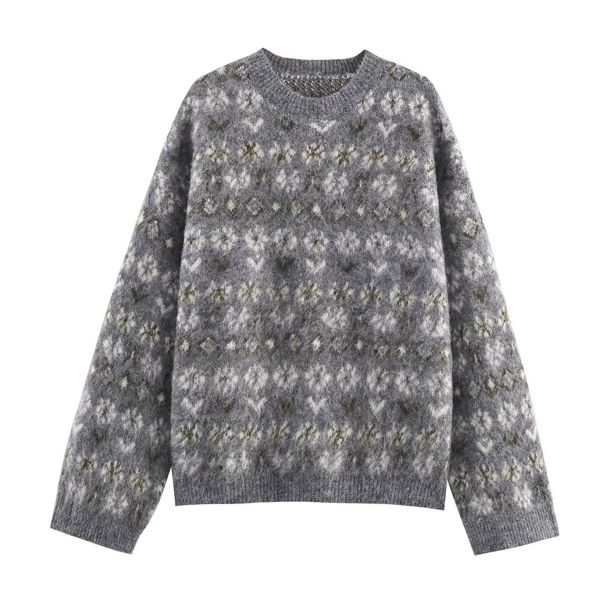 Women Oversize Jacquard Sweater made of soft Mohair mix with round neck Fashion Glam