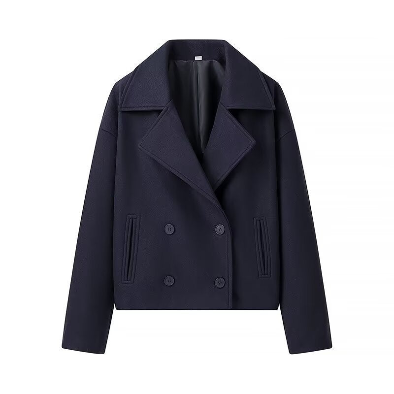 Women Short Cut Double-Breasted Wool Blend Peacoat with Boxy Oversize Silhouette Fashion Glam