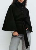 Women's Short Cape Coat with Stand-Up Collar, Oversized Sleeves and Tie Belt Fashion Glam