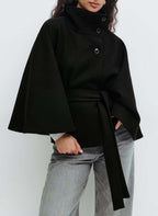Women's Short Cape Coat with Stand-Up Collar, Oversized Sleeves and Tie Belt Fashion Glam