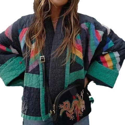 Women's padded kimono quilted jacket with patchwork design and wide sleeves Fashion Glam