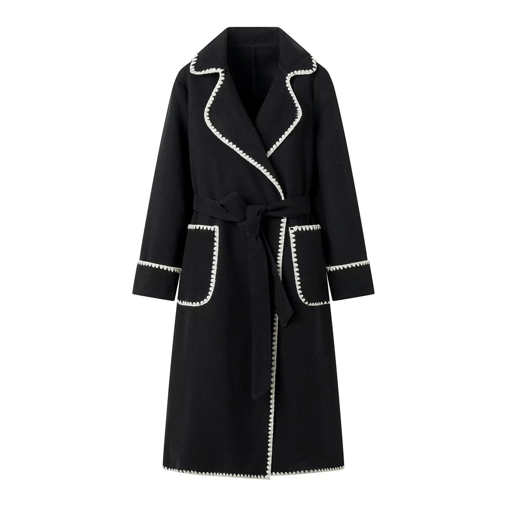 Women Tailored Wrap Coat made of Wool Blend with Decorative Wave Trim and Tied Belt Fashion Glam