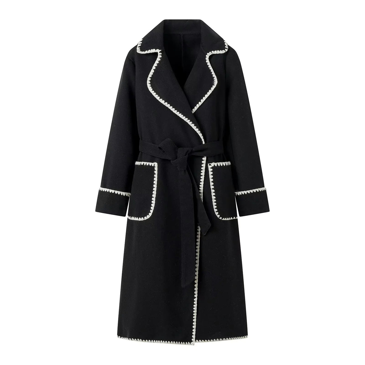Women Tailored Wrap Coat made of Wool Blend with Decorative Wave Trim and Tied Belt Fashion Glam