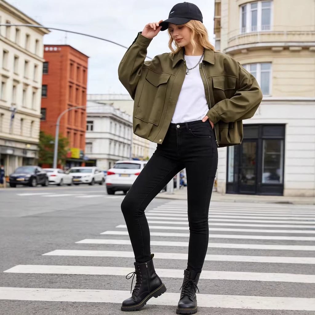 Women's Oversized Short Jacket with Flap Pockets, Drop Sleeves, and Elastic Hem Fashion Glam