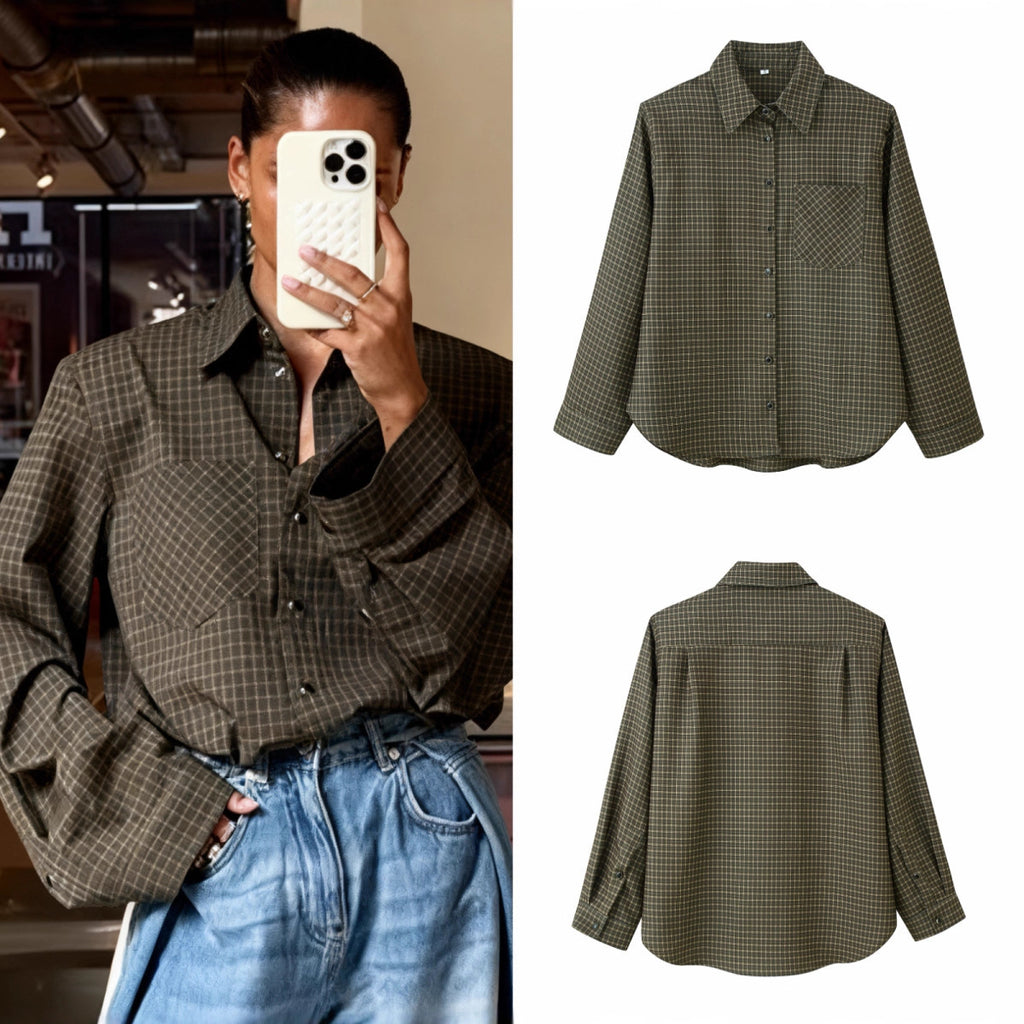 Women Oversize Check Shirt with Chest Pocket and Curved Hem Fashion Glam