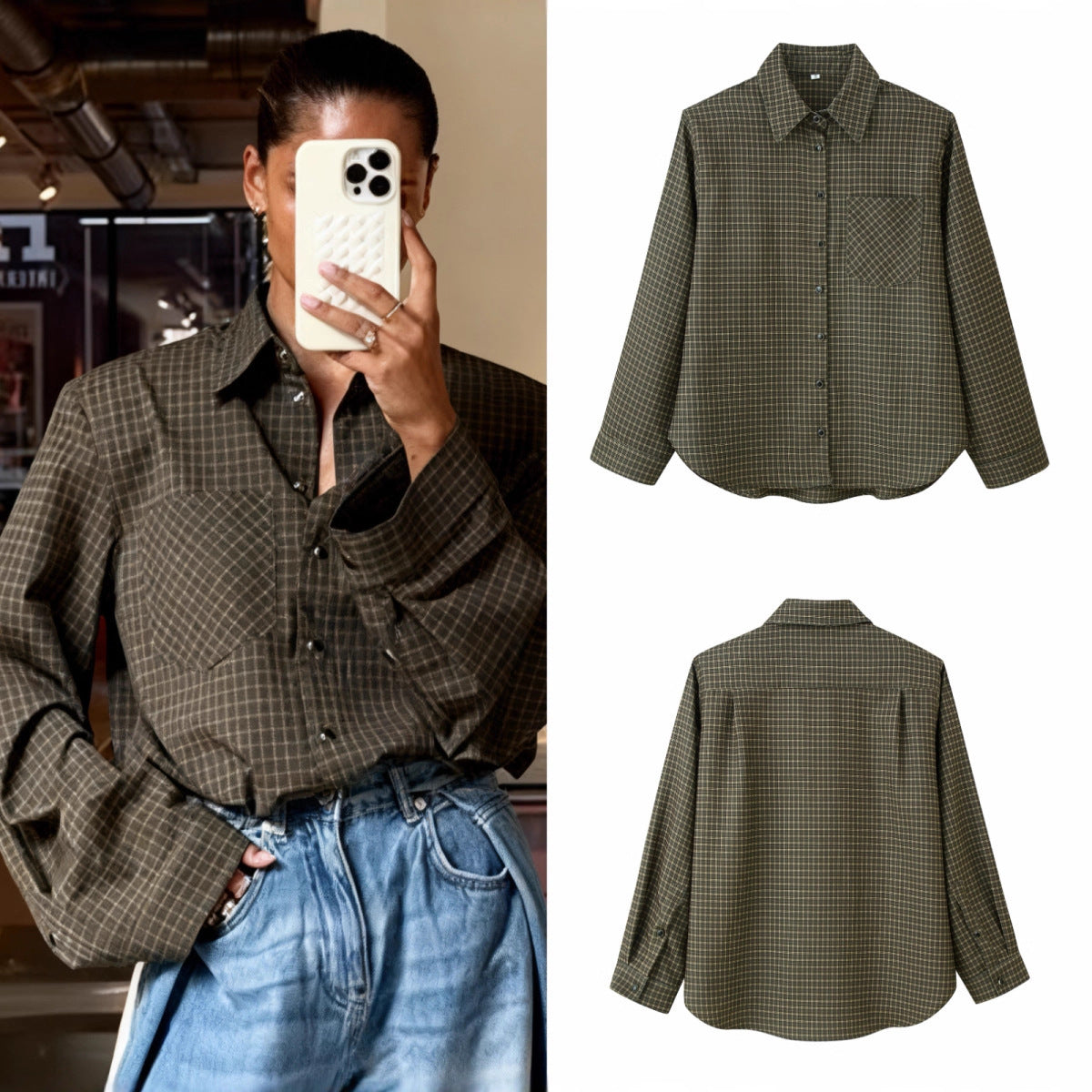 Women Oversize Check Shirt with Chest Pocket and Curved Hem Fashion Glam