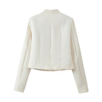 Women Cropped Tailored Jacket with Mandarin Collar and Decorative Toggle Closures Fashion Glam
