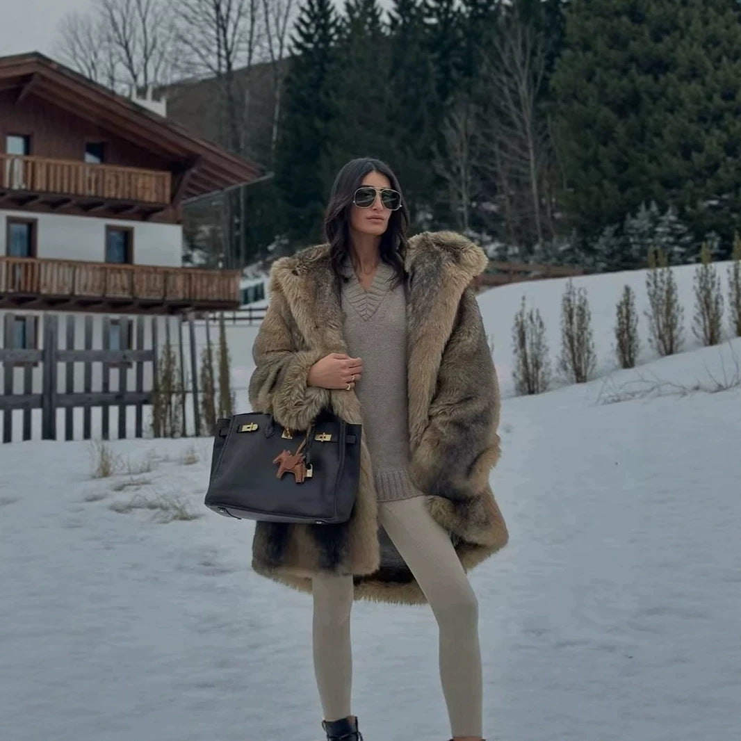 Women's Luxury Faux Fur Coat with A-Line Cut, Hood, and Microfiber Lining Fashion Glam