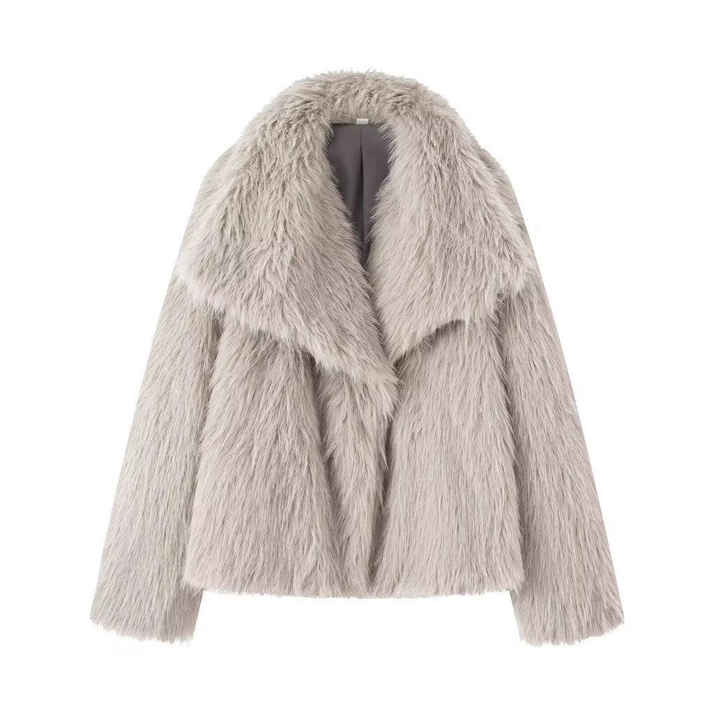 Women's Short Boxy Faux Fur Coat with Generous Shawl Collar and Soft Lining Fashion Glam