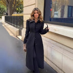 Ladies Tailored Long Coat with Contrasting Shirt Collar and Figure-Shaping Cut Fashion Glam