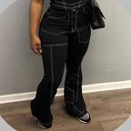Ladies High-Waist Flared Jeans with Contrast Stitches and Cargo Inserts Fashion Glam