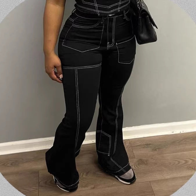 Ladies High-Waist Flared Jeans with Contrast Stitches and Cargo Inserts Fashion Glam