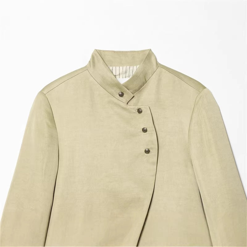 Women's Asymmetric Blouse Jacket with Stand-Up Collar and Flared Cuffs Fashion Glam