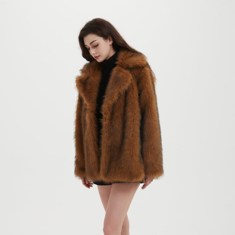 Ladies Boxy Short Coat made of dense long-fiber synthetic fur with open front Fashion Glam
