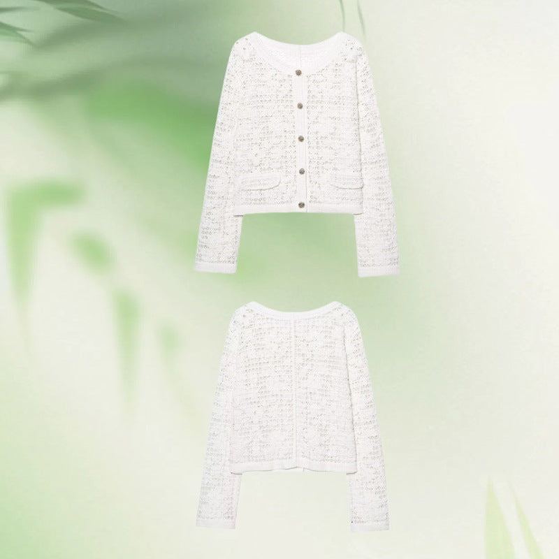 Women's Crocheted Short Jacket in Boucle Look with Decorative Buttons and Patch Pockets Fashion Glam