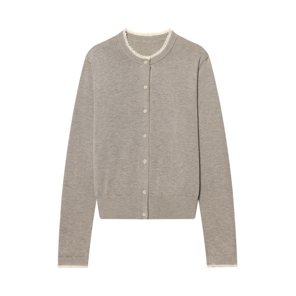 Women Fine Knit Cardigan with Round Neckline, Button Placket and Lace Trim Fashion Glam