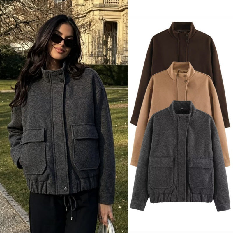 Women's Boxy Wool Blouson with Stand-up Collar, Large Flap Pockets and Elastic Hem Fashion Glam