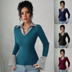Ladies fine knit sweater with integrated shirt collar and striped cuffs Fashion Glam