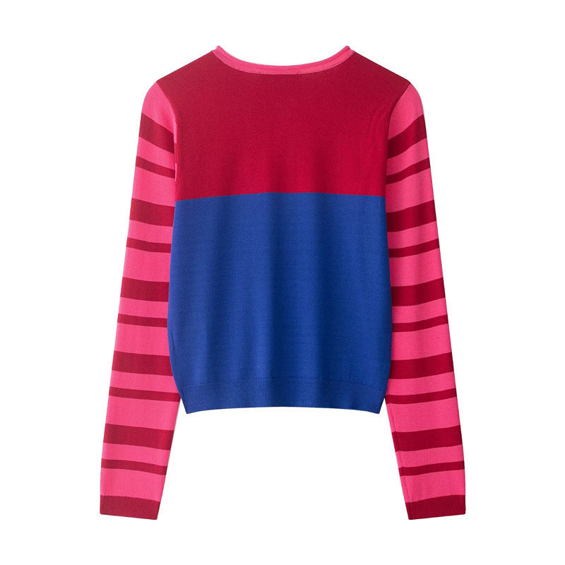Women Cropped Cardigan with Color Block Design and Striped Sleeves Fashion Glam