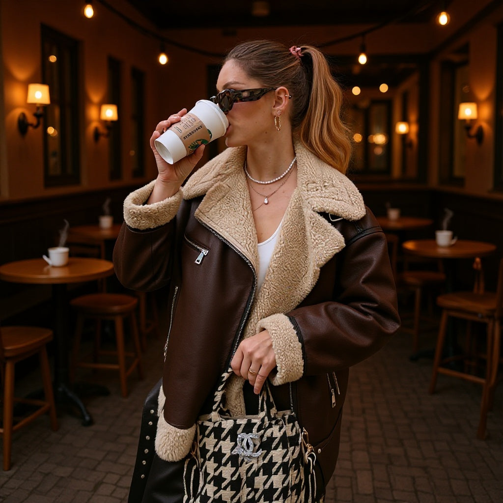 Women's Casual Aviator Biker Jacket in Vintage Leather Look with Sherpa Lining Fashion Glam