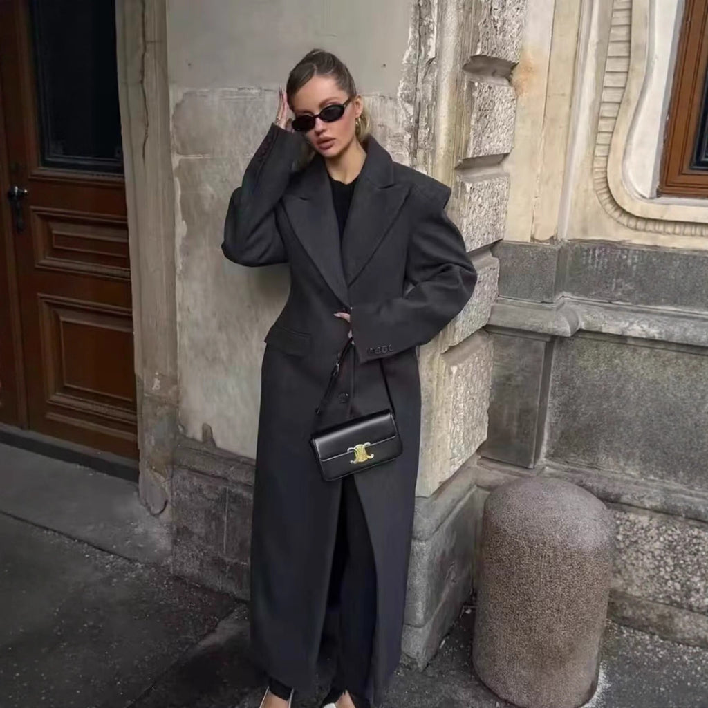Women Longline Wool Blend Coat with Distinctive Lapels, Tailored Darts, and Flap Pockets Fashion Glam