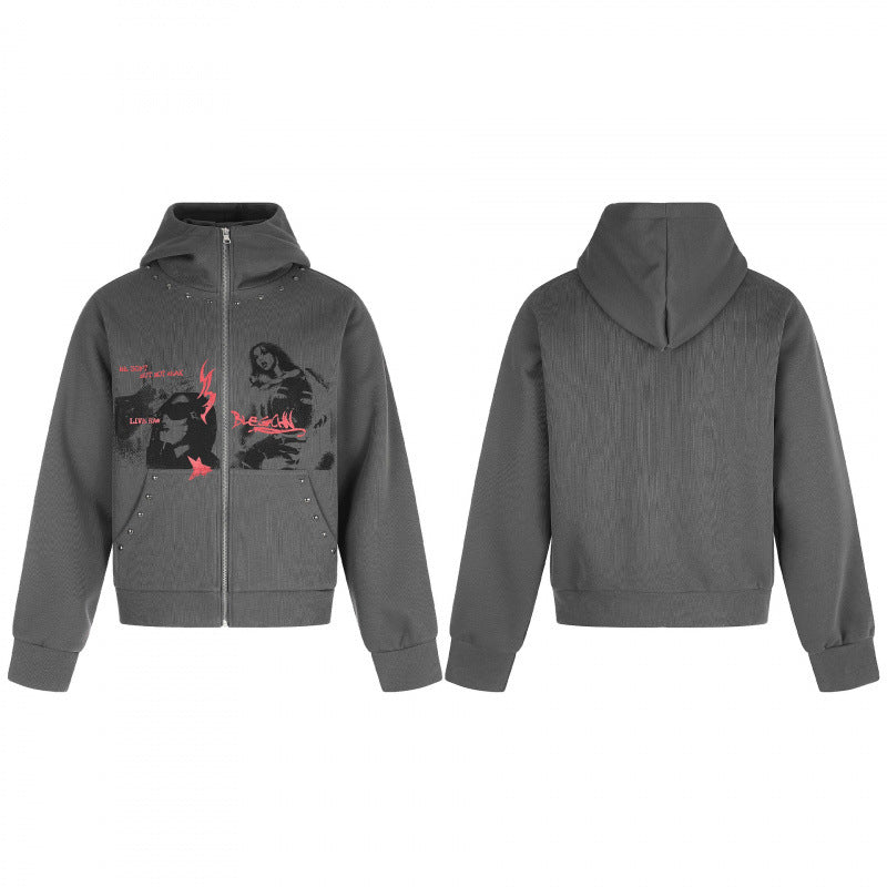 Unisex Oversize Hoodie Sweat Jacket with full zip, studded trim, and graphic front print Fashion Glam