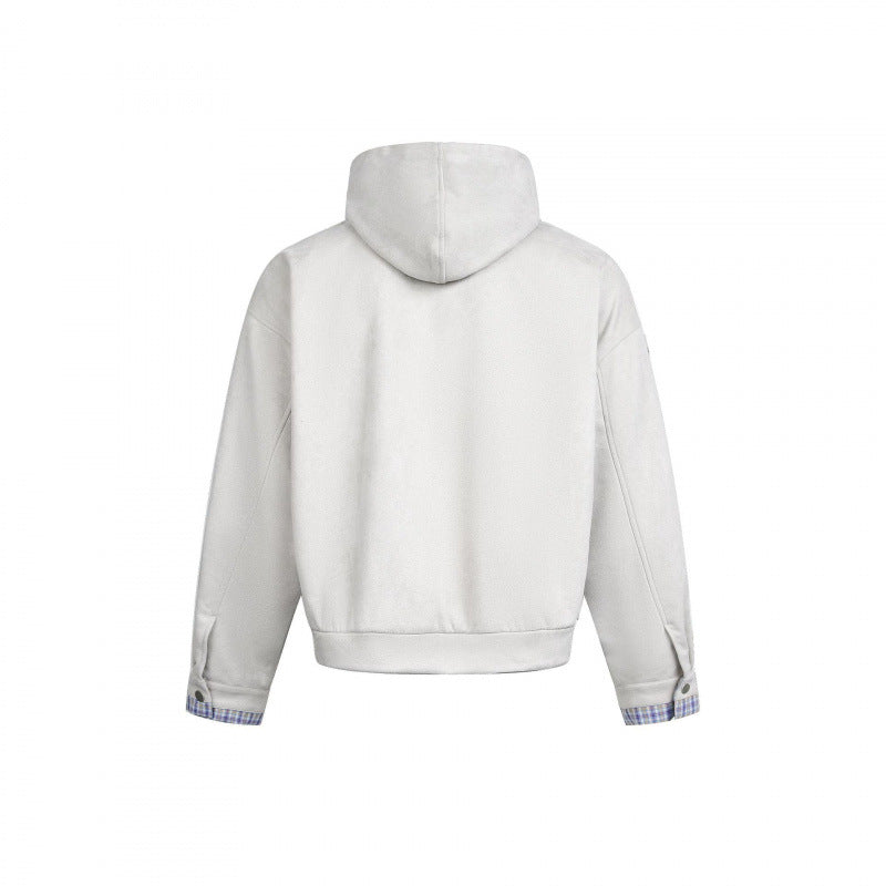 Men's Hooded Fleece Jacket with Checkered Lined Collar and Quilted Logo Applications Fashion Glam