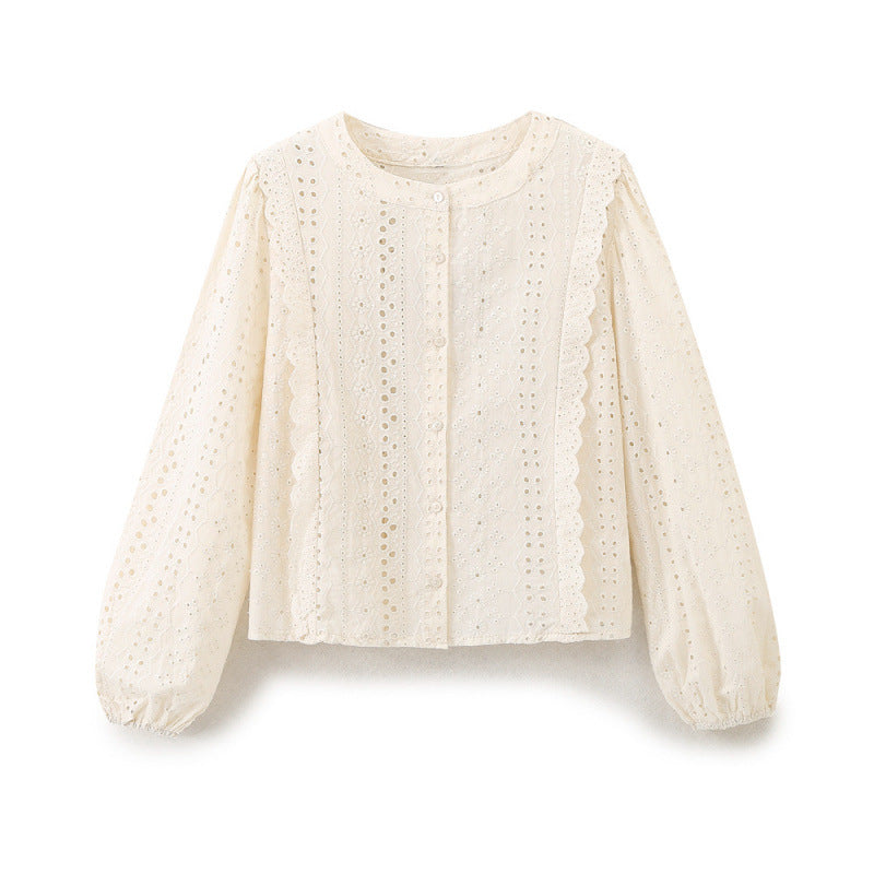 Ladies Broderie Anglaise Cotton Blouse with Ruffle Trim and Balloon Sleeves Fashion Glam