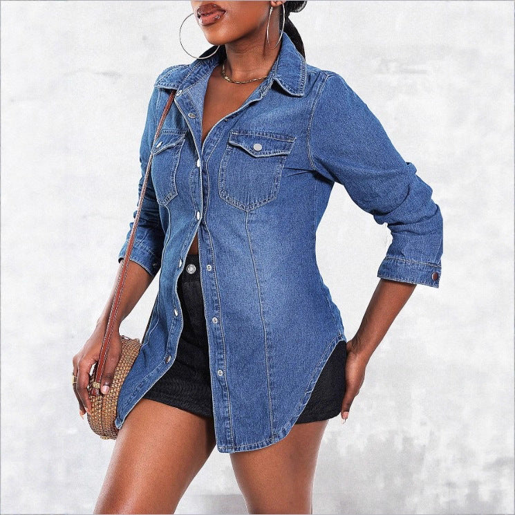 Women's tailored denim shirt with patch pockets and snap front Fashion Glam