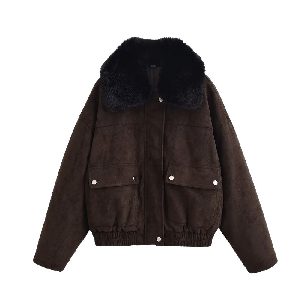 Women's Oversize Bomber Jacket made of Suede Imitation with Large Faux Fur Collar Fashion Glam