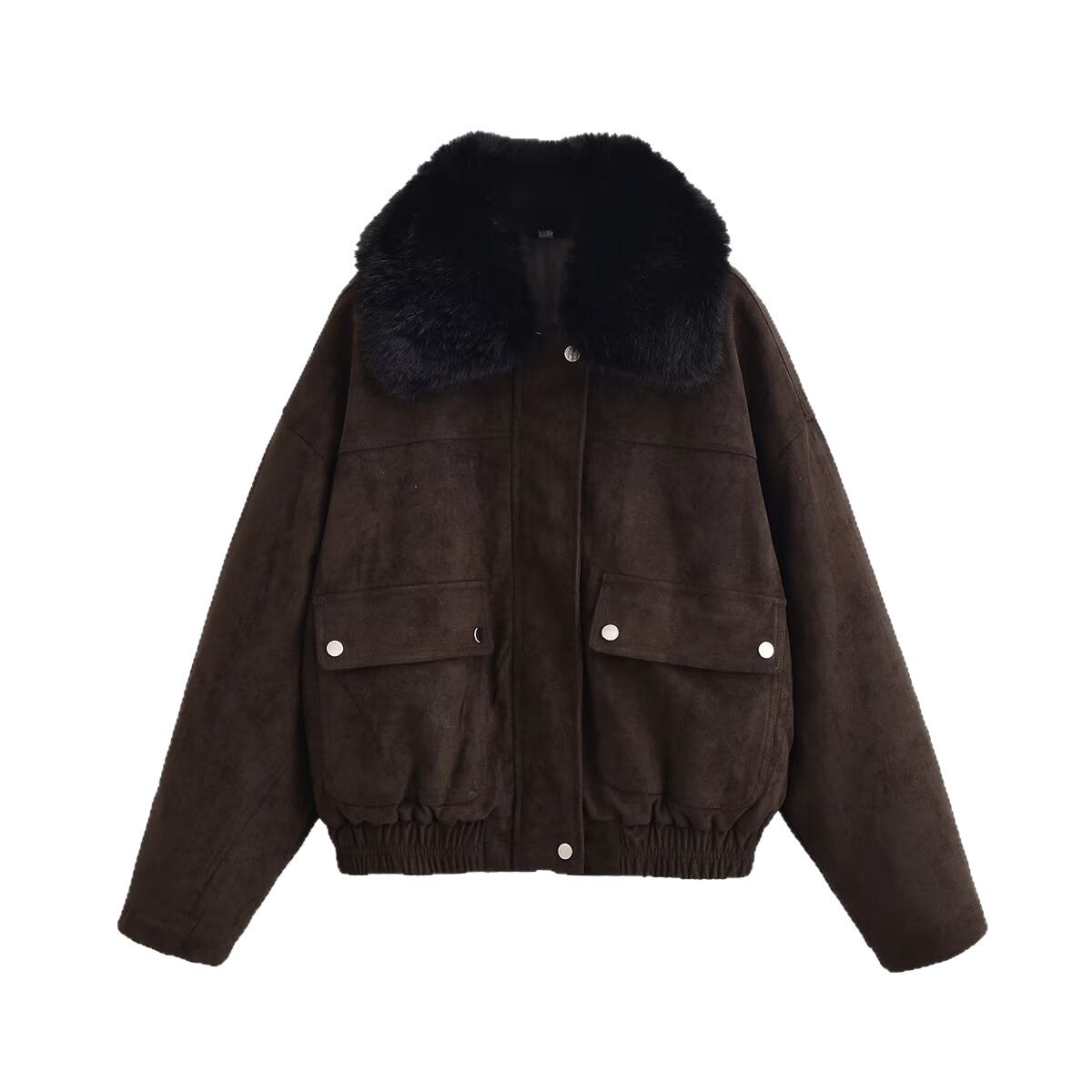 Women's Oversized Aviator Jacket made of Suede Leather Imitation with Large Faux Fur Collar Fashion Glam