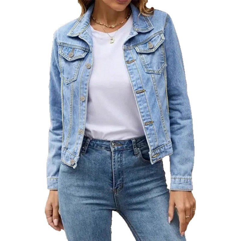 Ladies short-cut tailored denim jacket in trucker style Fashion Glam